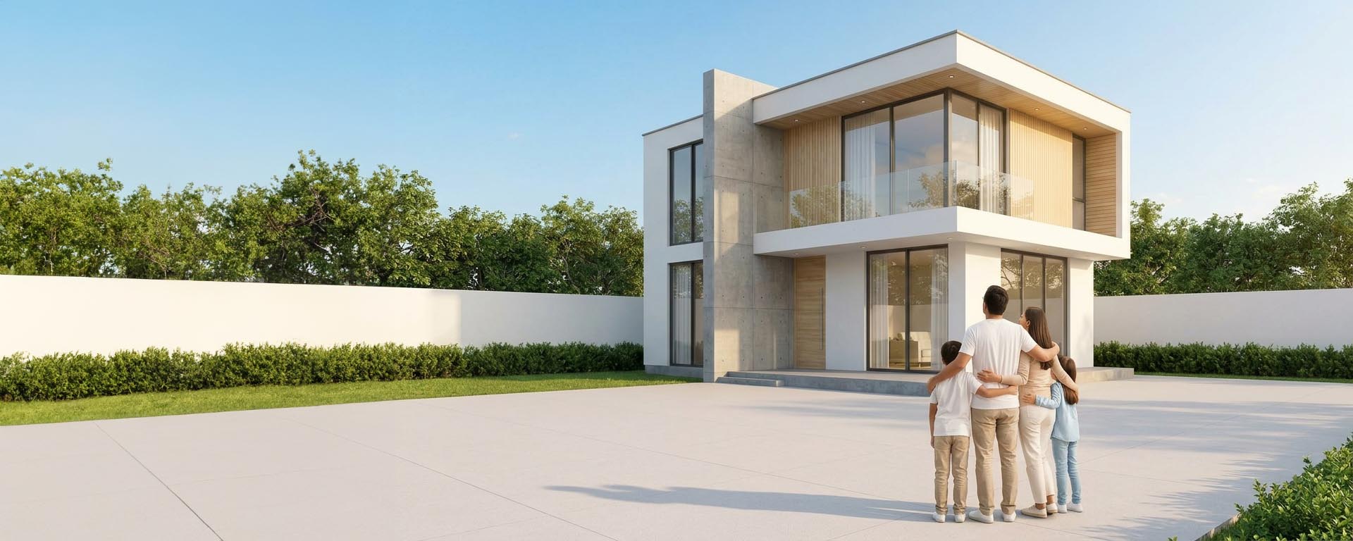 Familia frente a una vivienda moderna
